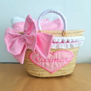 Cesta de playa personalizada de cuadros vichy rosa