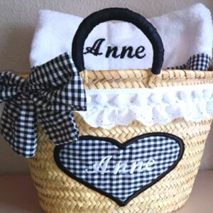 Cesta de playa personalizada de cuadros vichy negro