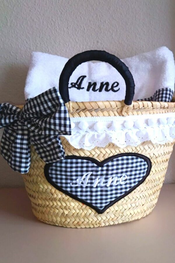 Cesta de playa personalizada de cuadros vichy negro