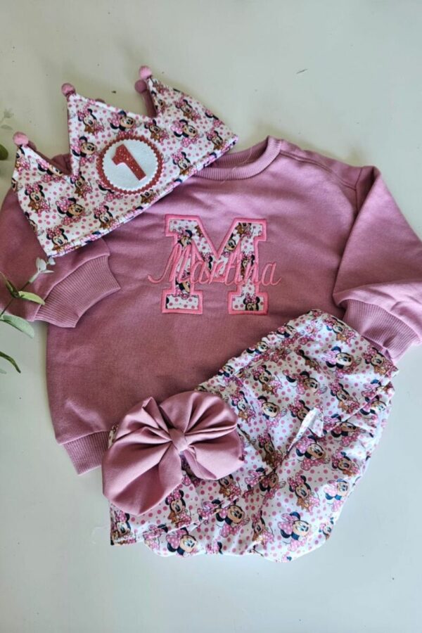 Conjunto de Cumpleaños sudadera y cubrepañal con volantes de minnie lunares rosas