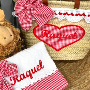 Cesta de playa personalizada de cuadros vichy rojo