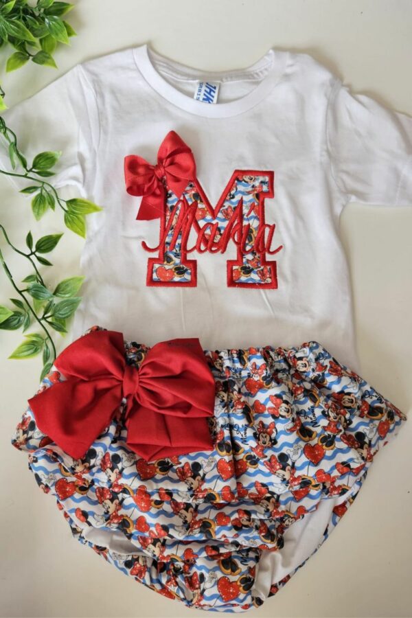 Conjunto camiseta y cubrefalda de Minnie corazón con inicial y nombre