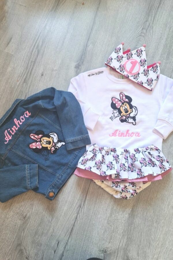 Conjunto personalizado de cumpleaños la minnie con chaqueta vaquera