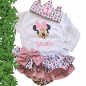 Conjunto de Cumpleaños rosa de la minnie con vestido azul