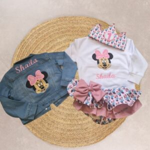 Conjunto personalizado de cumpleaños la minnie vestido azul con chaqueta vaquera