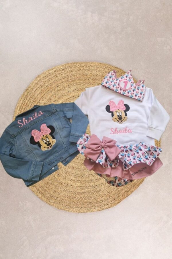 Conjunto personalizado de cumpleaños la minnie vestido azul con chaqueta vaquera