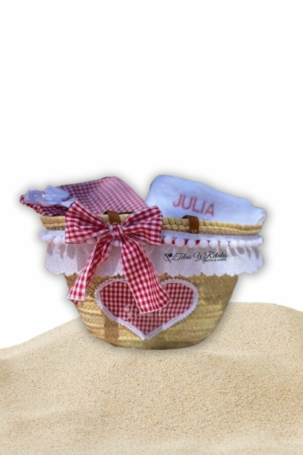 Cesta de playa personalizada de cuadro vichy rojo