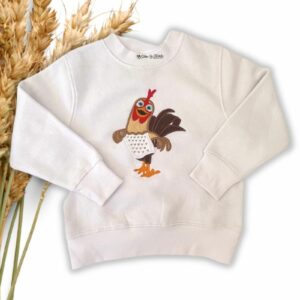 Sudadera personalizada blanca del Gallo Bartolito de la Granja de Zenón