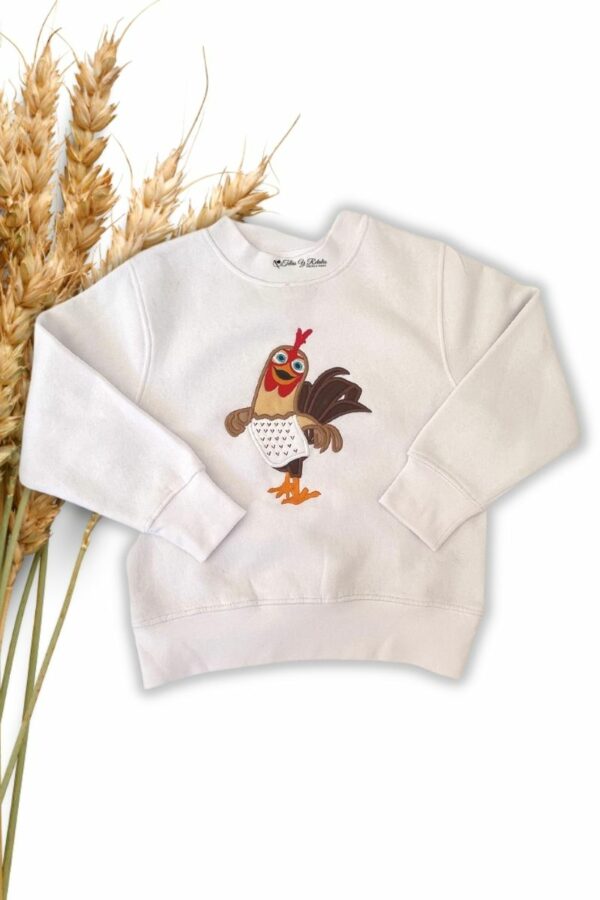 Sudadera personalizada blanca del Gallo Bartolito de la Granja de Zenón