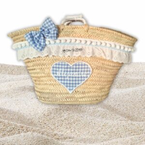 Cesta de playa personalizada corazon cuadros vichy celeste