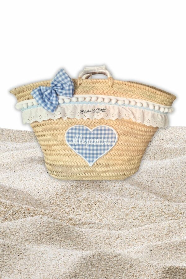 Cesta de playa personalizada corazon cuadros vichy celeste