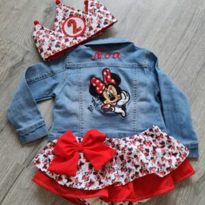 Conjunto de cumpleaños de chaqueta vaquera y cubrefalda rojo de minnie mouse