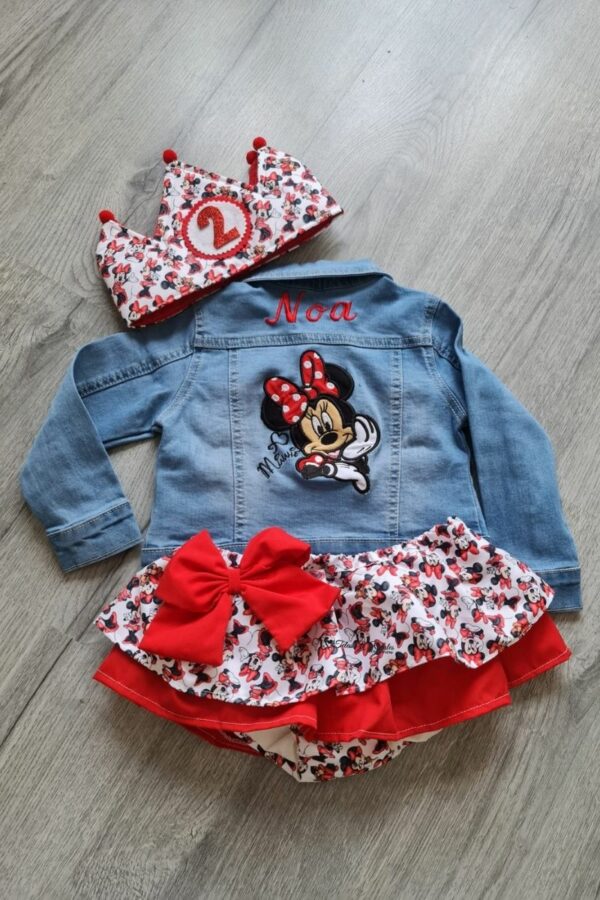 Conjunto de cumpleaños de chaqueta vaquera y cubrefalda rojo de minnie mouse