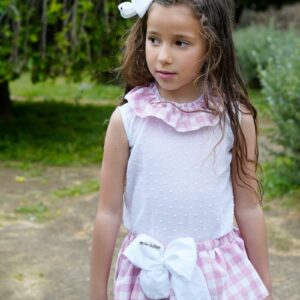 Conjunto de camisa de plumeti blanca y braga con volante de cuadros vichy rosa - Imagen 2