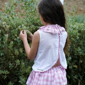 Conjunto de camisa de plumeti blanca y braga con volante de cuadros vichy rosa - Imagen 3