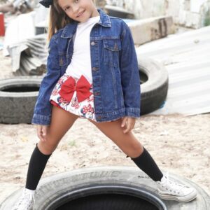 Conjunto de chaqueta vaquera y cubrefalda de minnie mouse con lazo rojo de lunares