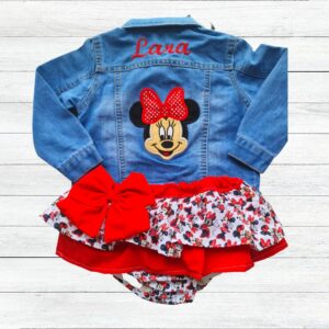 Conjunto Chaqueta y Cubrefalda Minnie Roja con lunares pequeños en el lazo
