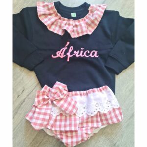 Conjunto sudadera con nombre y cubrefalda de tela vichy rosa - Imagen 2