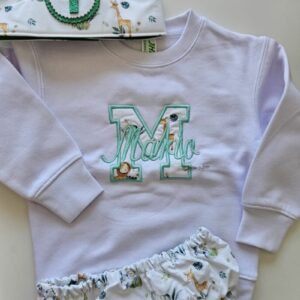 Conjunto de Cumpleaños sudadera y cubrepañal de animalitos con inicial y nombre