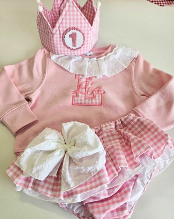 Conjunto de cumpleaños rosa de cuadros vichy