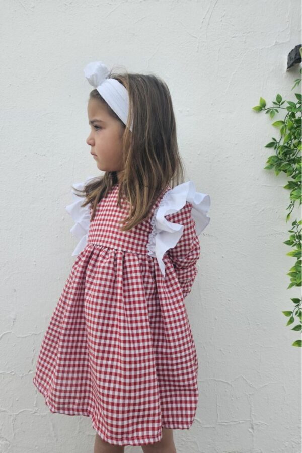 Vestido volantes mangas largas cuadros vichy rojo
