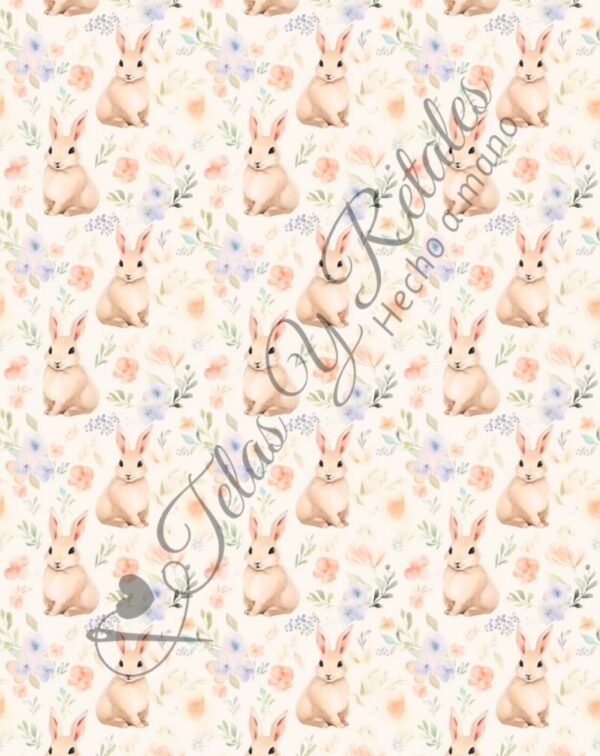 Tela diseño conejo y flores