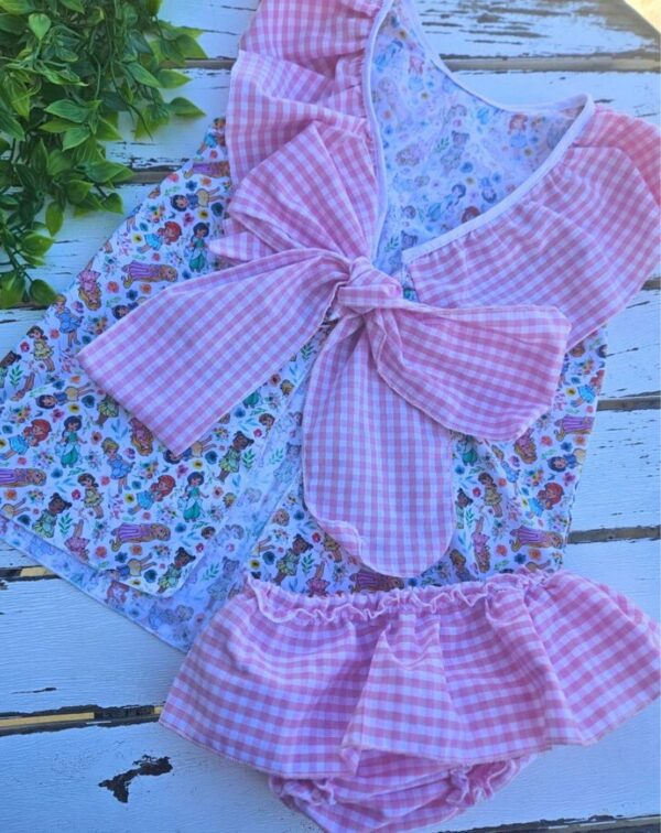 Vestido princesas disney con braguitas de cuadros vichy rosa