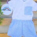 Conjunto de polito de mangas cortas con short diseño cuadros vichy celeste