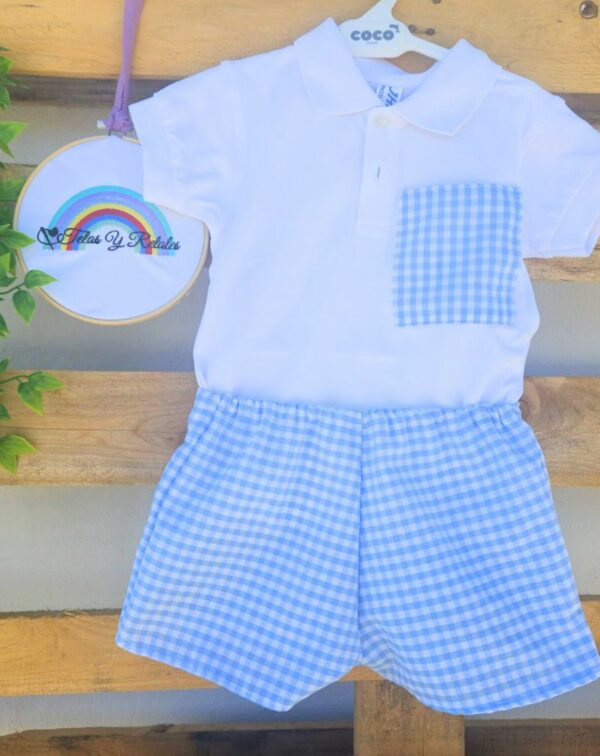 Conjunto de polito de mangas cortas con short diseño cuadros vichy celeste