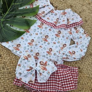Conjunto de camisa de manga larga de hadas y cubrepañal vichy con volantes