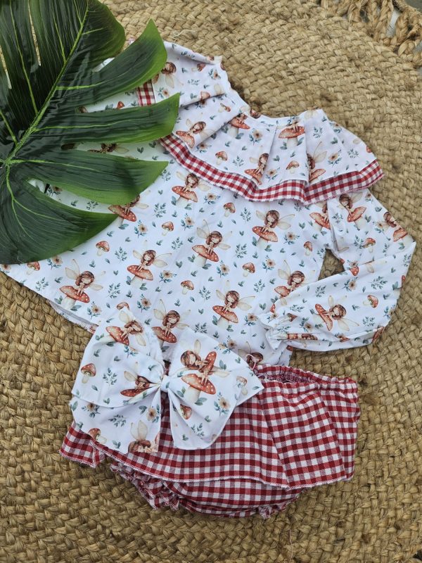 Conjunto de camisa de manga larga de hadas y cubrepañal vichy con volantes