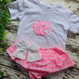 Conjunto de camiseta manga corta y cubrepañal vichy rosa flúor con elefante
