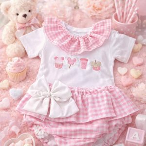 Conjunto de camiseta y cubrepañal con volantes en vichy rosa