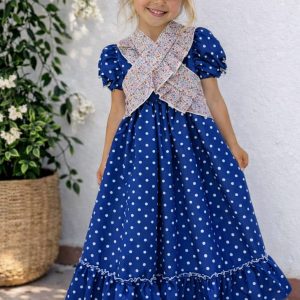 Vestido flamenca azul lunares y panel floral cruzado