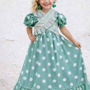 Vestido flamenca verde agua maxi lunares y panel floral cruzado