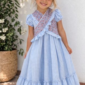 Vestido flamenca vichy azul panel floral cruzado