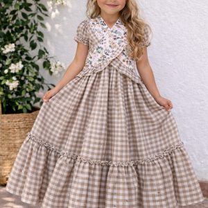 Vestido flamenca maxi cuadros vichy beige