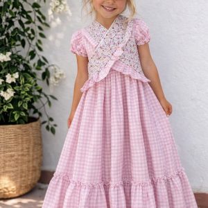 Vestido flamenca vichy rosa panel floral cruzado