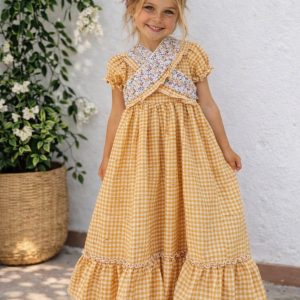 Vestido flamenca amarillo cuadros vichy panel floral cruzado