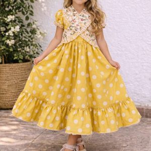 Vestido flamenca amarillo lunares panel floral cruzado
