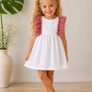 Vestido Infantil Blanco con Volantes Vichy Rojos