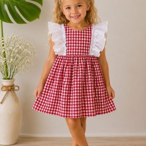 Vestido Infantil Cuadros Vichy Rojo con Volantes