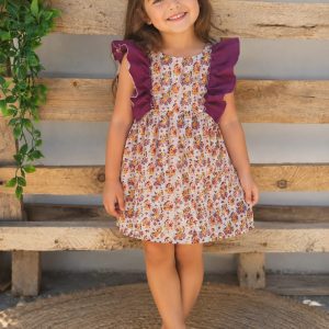 Vestido Infantil Floral con Volantes en Morado