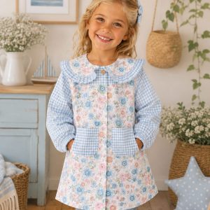 Babi Escolar Infantil Flores Liberty con Cuadros Vichy Azul y Cuello Volante