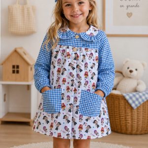 Babi Escolar Infantil K-Pop Cuadros Vichy Azul con Cuello Volante